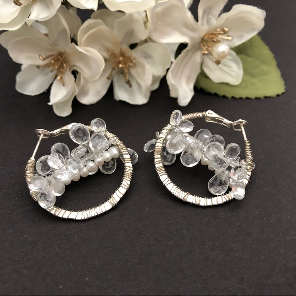 Clear Bead Crystal Moonstone Silver Tone Wired Faux Pearl Hoop Earrings